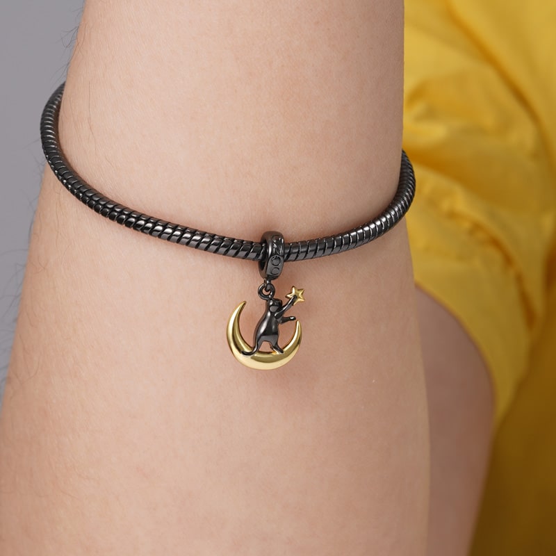 "Cat Reaching for Star on the Moon" Pendant Dangle Charm Sterling Silver_3