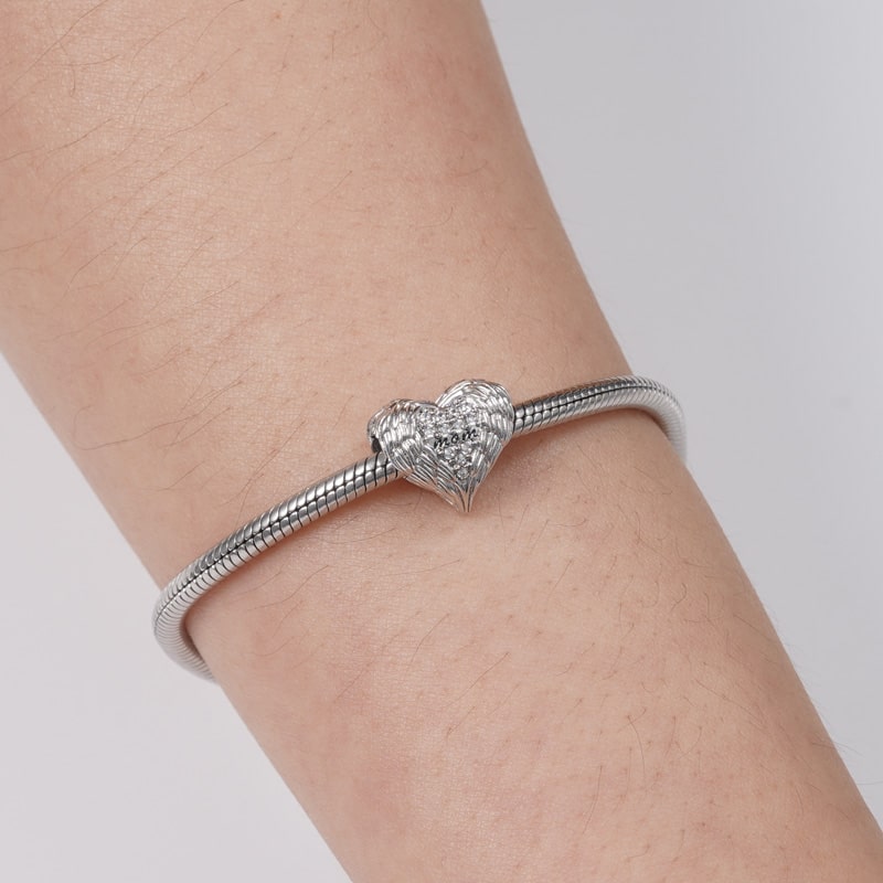 Feather Heart Mom's Love Charm Bead Inlaid with Crystal Gemstones Sterling Silver_3