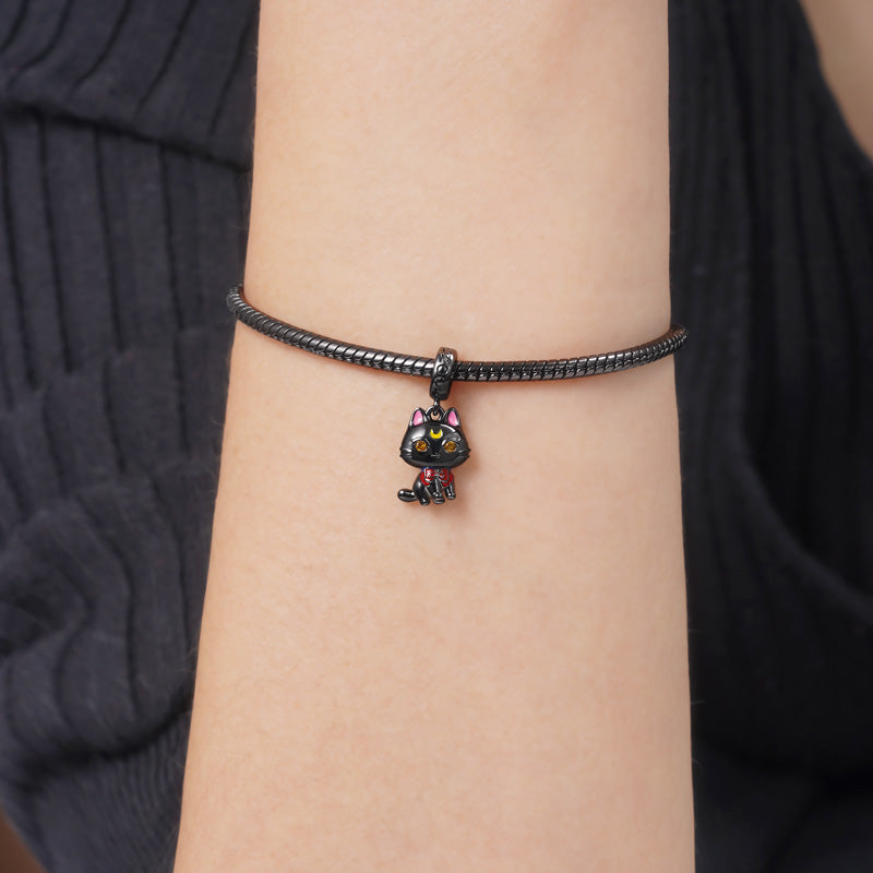 Cute Black Cat Pendant Dangle Charm 925 Sterling Silver Black Plated Eyes Inlaid with Yellow Zircon Stones_3