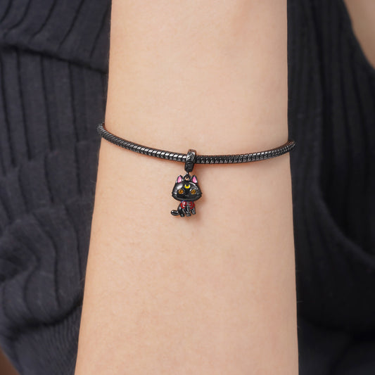 Cute Black Cat Pendant Dangle Charm 925 Sterling Silver Black Plated Eyes Inlaid with Yellow Zircon Stones_3