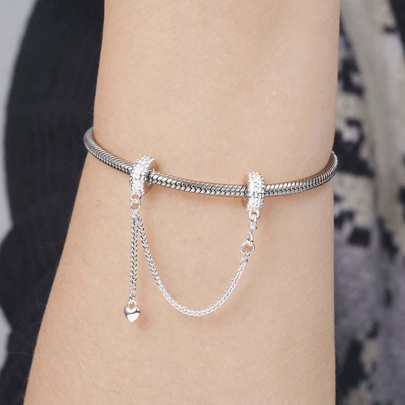 Lunar Surface Texture Safety Chain with Heart Dangle 925 Sterling Silver_3