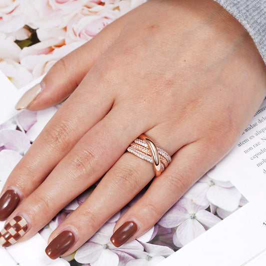 Intertwined Band Ring 925 Sterling Silver 18K Rose Gold Plated Pave CZ Gemstones_3