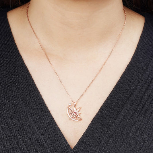 Star with Moon Necklace Copper 18K Rose Gold Plated Inlaid with Pink & Clear Gemstones_4