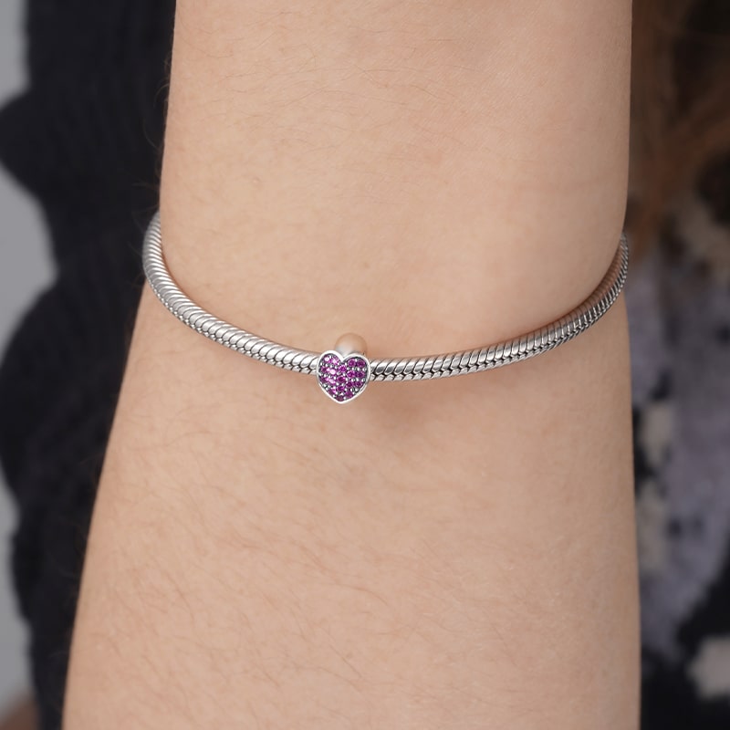 Love Heart Stopper for Charm Bracelets 925 Sterling Silver Inlaid with Fuxia Gemstones_3