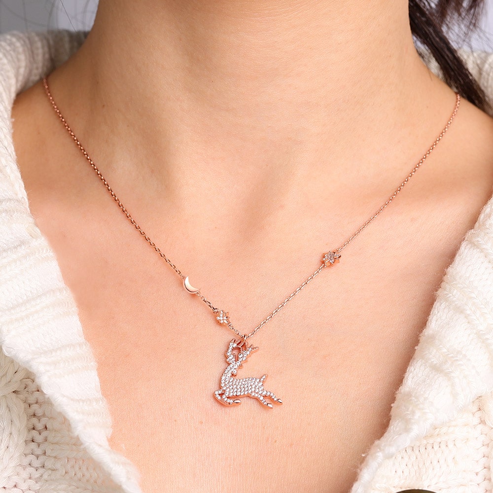 Elk Necklace Sterling Silver 18k Rose Gold Plated Paved with Stones_4