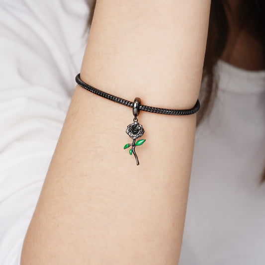 Black Rose Flower Pendant Dangle Charm 925 Sterling Silver with Enamels_3