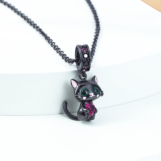 Black Cat Embraces Heart Gemstone Necklace Black Plated_3