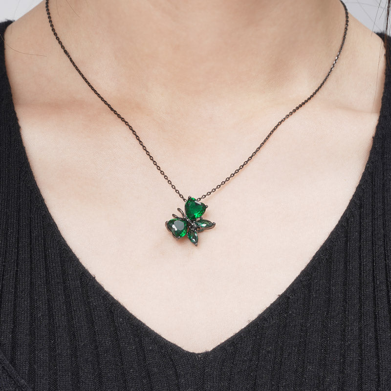 Green Butterfly Necklace 925 Sterling Silver Black Plated with CZ Stones_4