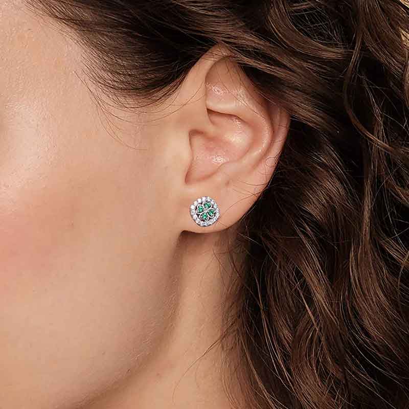 Lucky Clover Stud Earrings 925 Sterling Silver Inlaid with Emerald & Pink CZ Stones_3