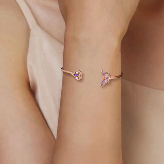 Butterfly & Love Heart Open Bangle Bracelet Lead-free ECO Copper 18K Rose Gold Plated Inlaid with Colorful CZ Stones_4
