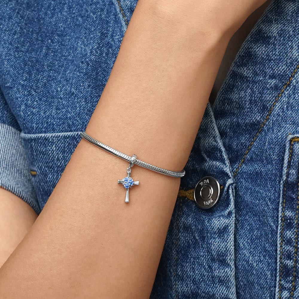 Gnoce Blue Flower Cross Pendant Dangle Charm_7