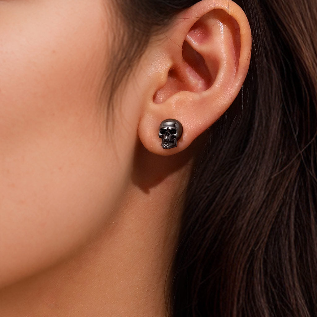 Gnoce Punk Gothic Black Skull Stud Earrings_5