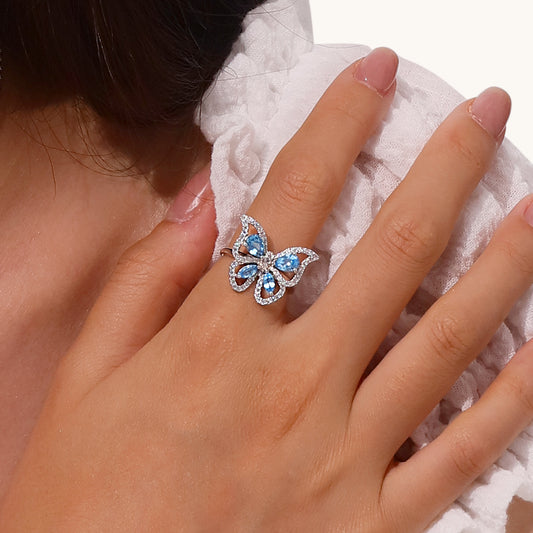 Gnoce Pear Cut Blue Topaz Butterfly Adjustable Ring_5