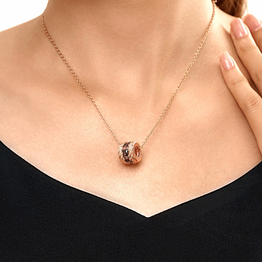 Gnoce Classic Brown Gems Paved Drum Pendant Necklace_5
