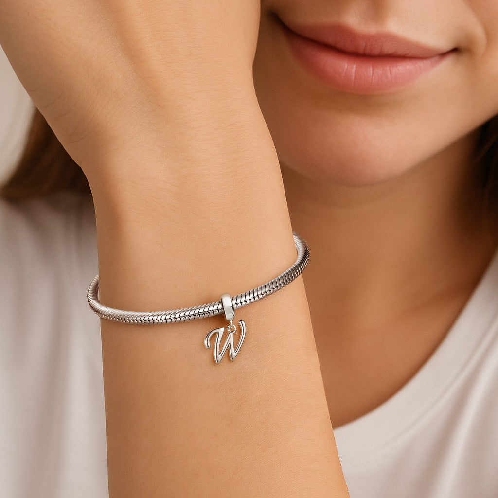Gnoce "With You Forever" Letter W 925 Sterling Silver Dangling Charm Great for Bracelet, Choker, Necklace_3