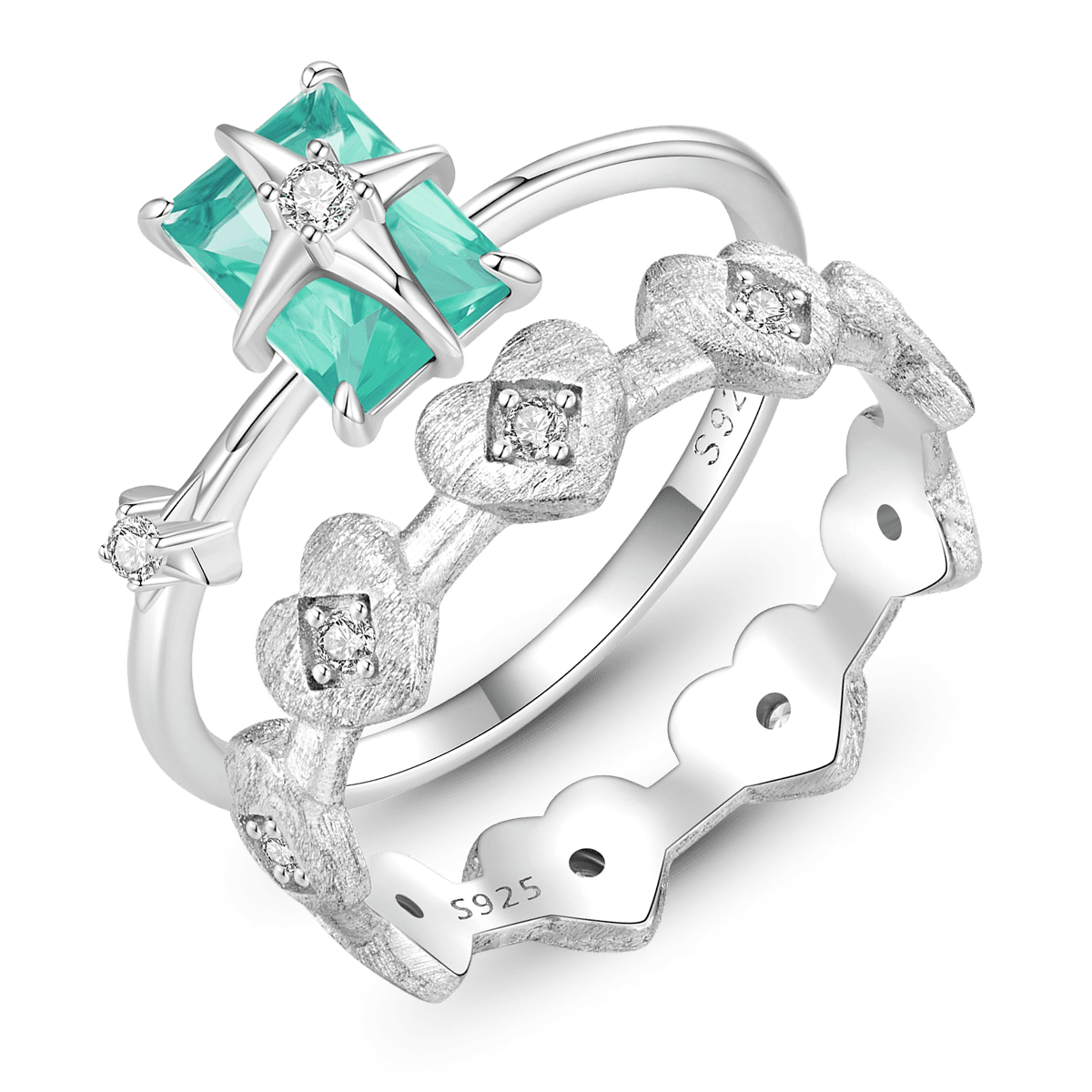 Gnoce Starburst Green Square Crystal Solitaire and Heart Ring Set_4