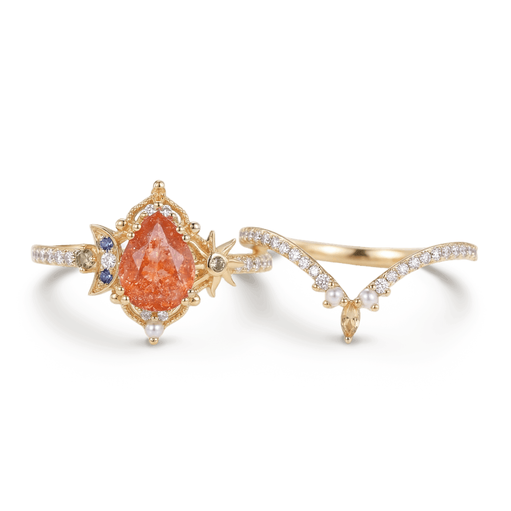 Gnoce Vintage Pear-Cut Sun Moon Engagement Ring Set_4