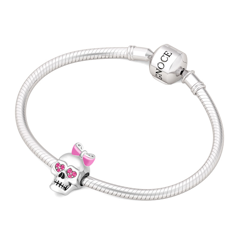 Gnoce "Heart in My Eyes" 925 Sterling Silver Pink Enamel Bowknot & Pink Sapphire CZ Stones Skull Charm_3