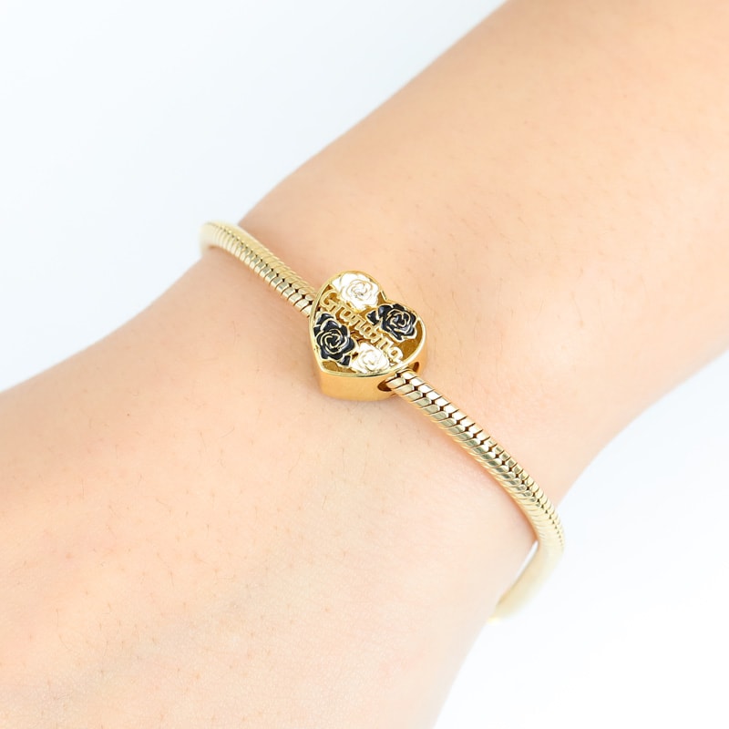 Black & white Flower Heart-shaped Personalized Photo Charm Bead for Grandma Sterling Silver 18k Gold Plated_3