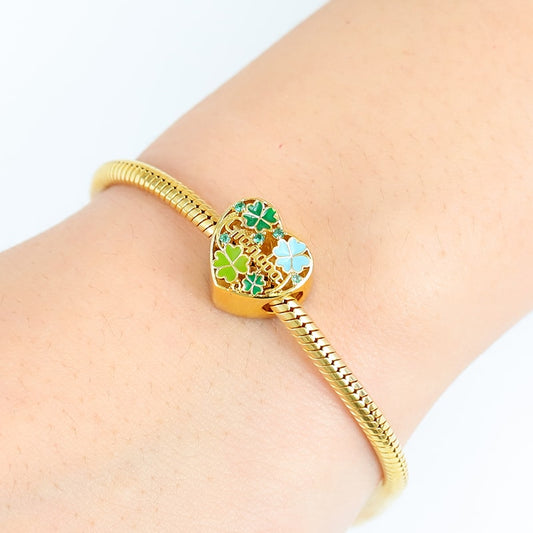Four-leaf Clover Heart-shaped Personalized Photo Charm Bead for Grandpa Sterling Silver 18k Gold Plated_3
