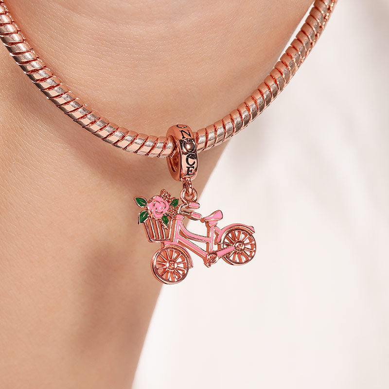 Bicycle with Flower Pendant Charm Sterling Silver 18k Rose Gold Plated_3