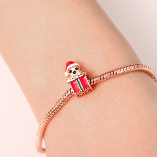 Dog with Gift Box Charm Bead Sterling Silver 18k Rose Gold Plated for Christmas_3