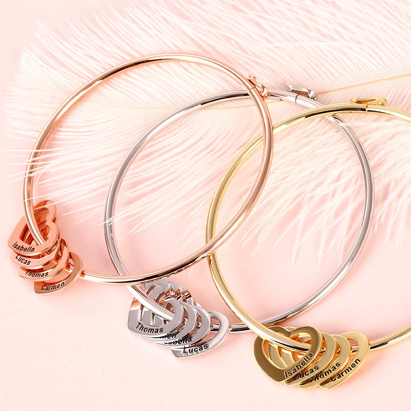 Gnoce "Lettering You in My Heart" Bangle Bracelet with Heart Shape Pendants in Sterling Silver_3