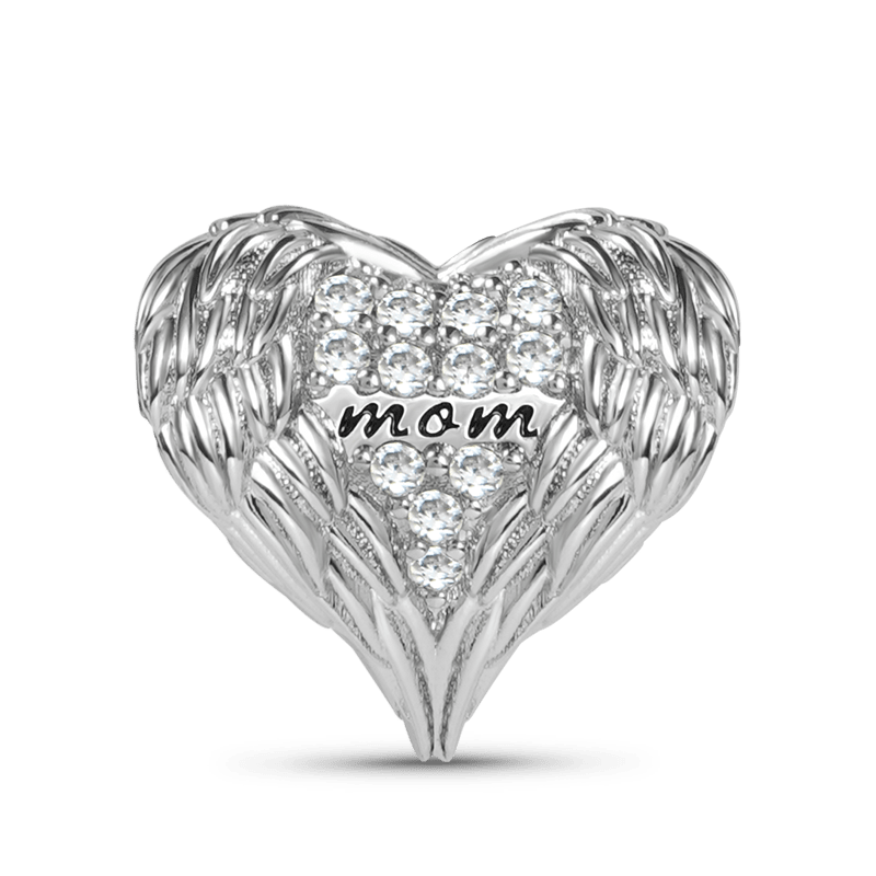 Feather Heart Mom's Love Charm Bead Inlaid with Crystal Gemstones Sterling Silver_1