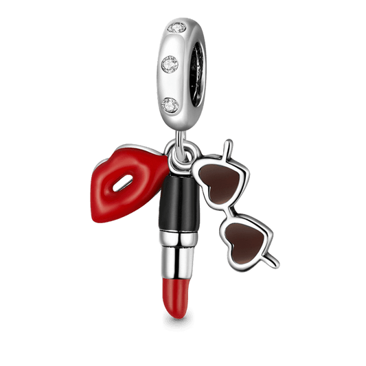 Fashionable Lipstick & Sunglasses Pendant Dangle Charm Sterling Silver_1