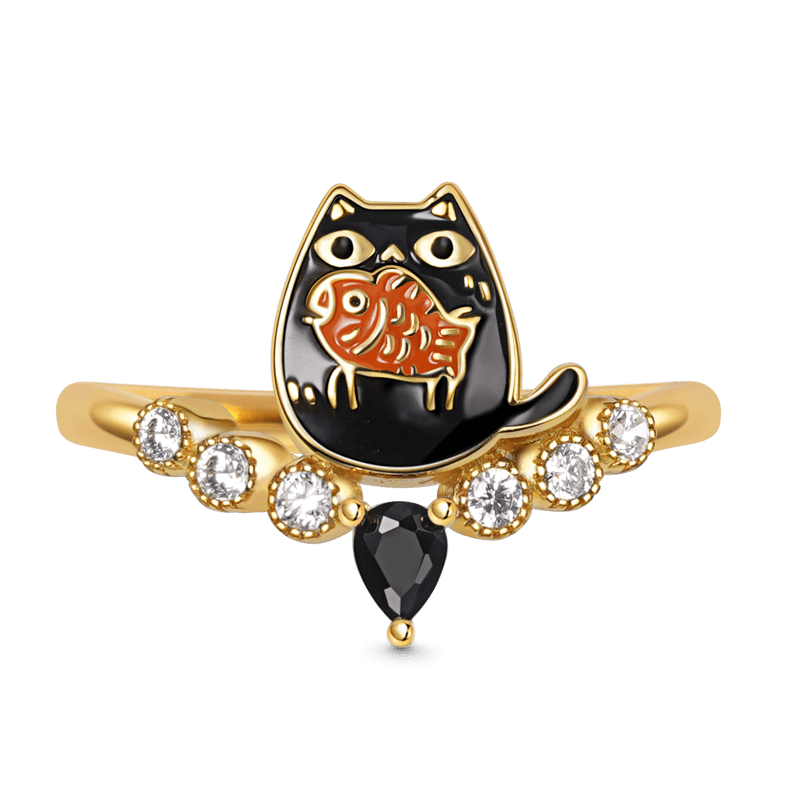 Kitten Eating Fish V-Ring Inlaid with Black Drop Zircon and Crystal Gemstones Sterling Silver 18K Gold Plated_1