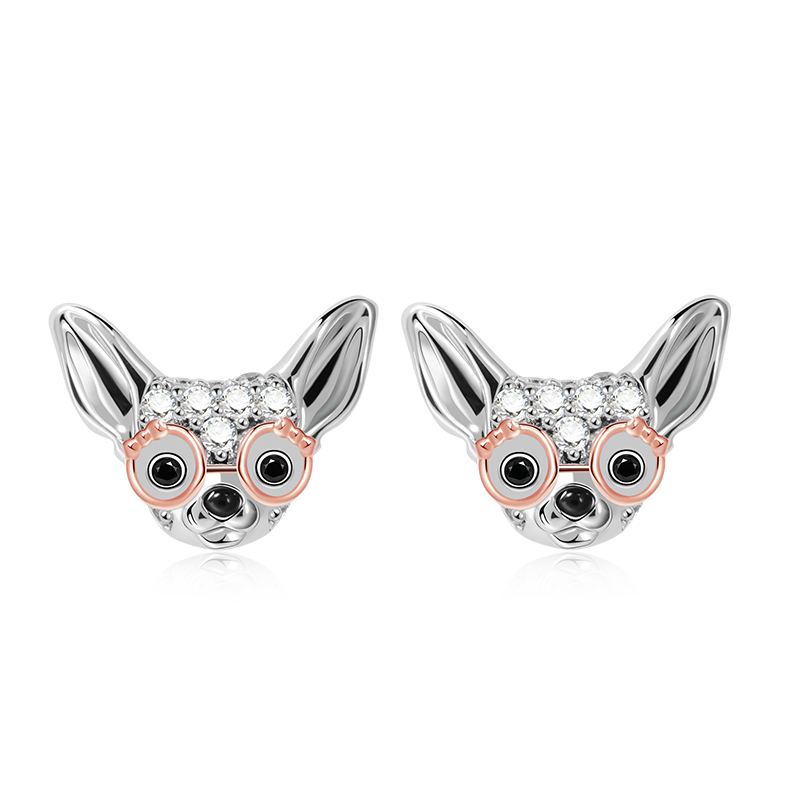Chihuahua with Glasses Stud Earrings 925 Sterling Silver Inlaid with Clear Zircon Gemstones_1