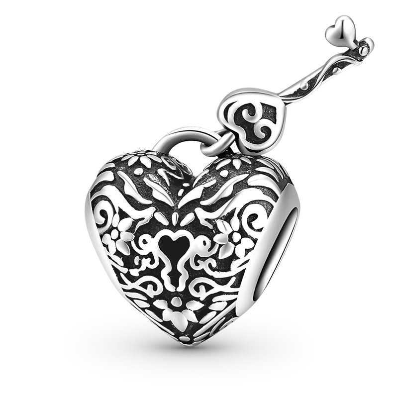 Heart & Key Vintage Charm Bead 925 Sterling Silver_1