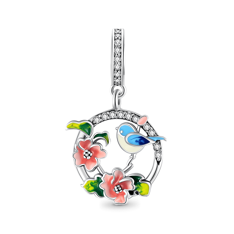 Bird & Flowers Pendant Dangle Charm 925 Sterling Silver Inlaid with Clear Zircon Stones_1