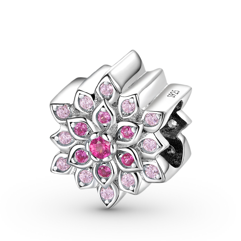 Red Lotus Flower Charm Bead S925 Sterling Silver Inlaid with pink Gemstones_1