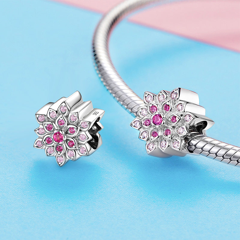 Red Lotus Flower Charm Bead S925 Sterling Silver Inlaid with pink Gemstones_2