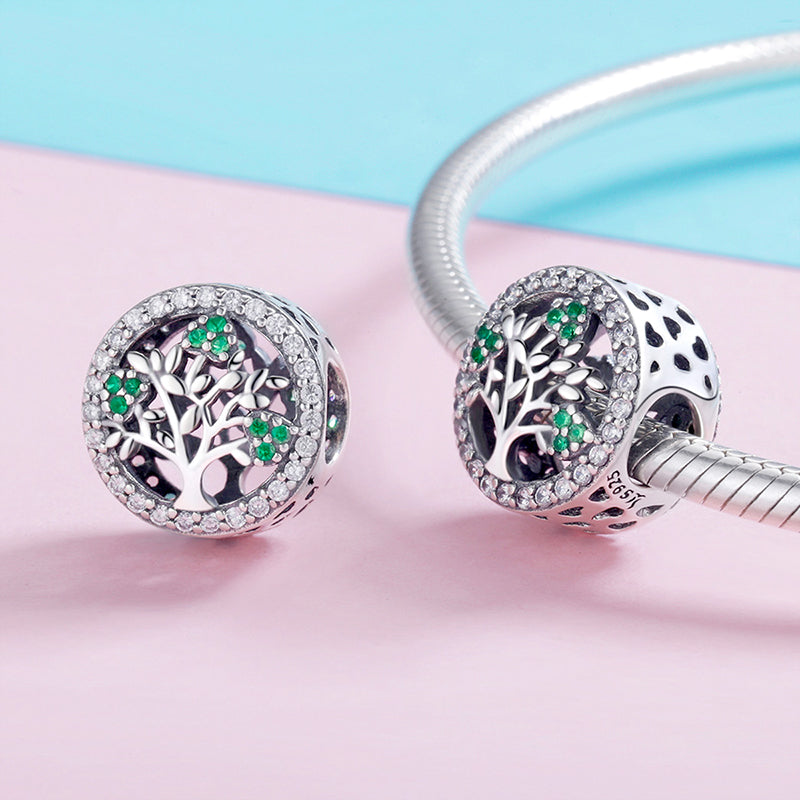 Tree of Life Charm Bead 925 Sterling Silver Inlaid with Green and Clear Gemstones_2