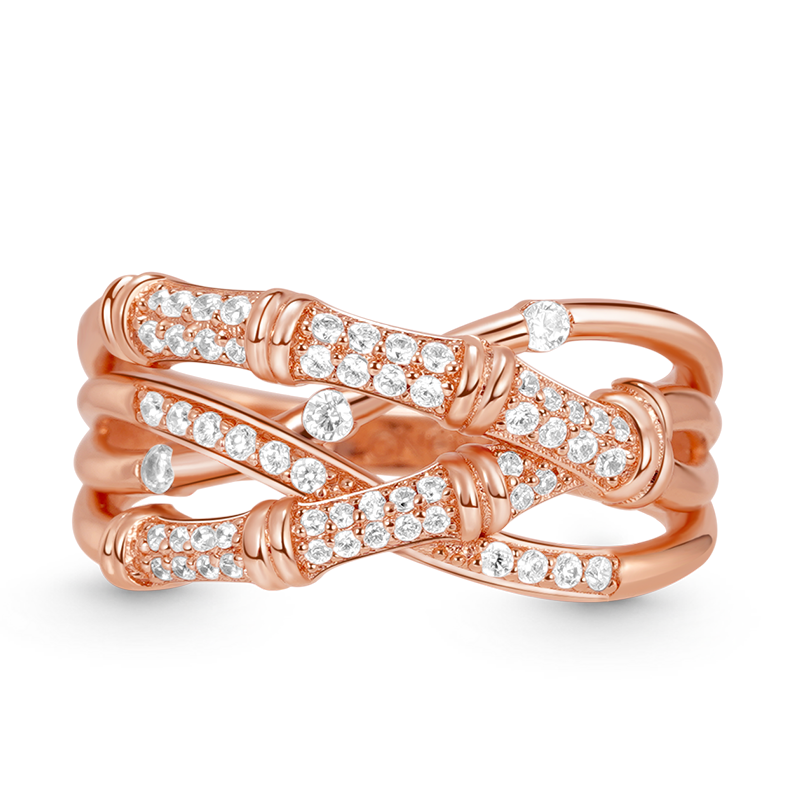 Bamboo Intertwined Band Ring 925 Sterling Silver 18K Rose Gold Plated Inlaid with Clear Gemstones_1