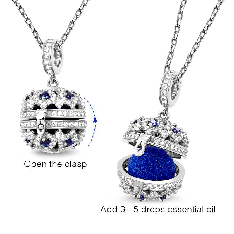 Essential Oil Ball Necklace 925 Sterling Silver Inlaid with Deep Blue Gemstones_3
