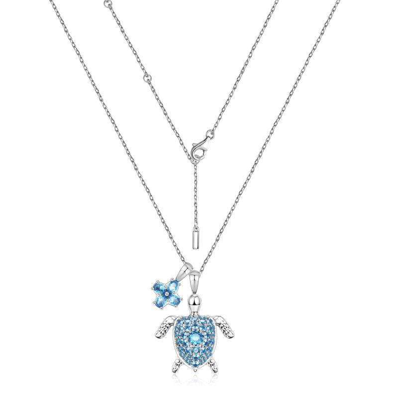 Cherry Blossom & Sea Turtle Necklace Copper Inlaid with Blue Gemstones_2