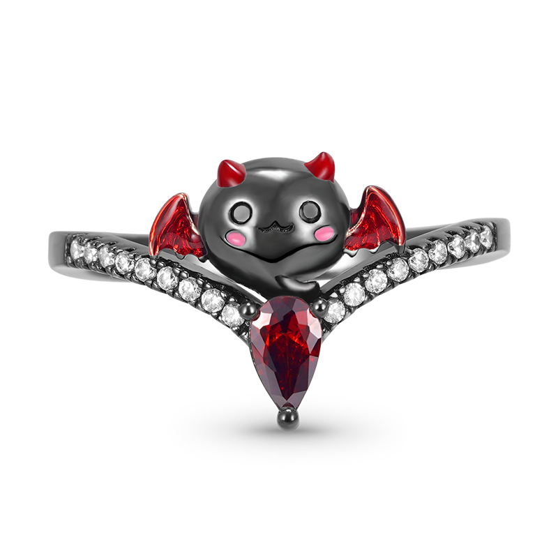 Bat of Love Heart Ruby V-Ring 925 Sterling Silver Black Plated with Clear Gemstones and Pink Enamels_1