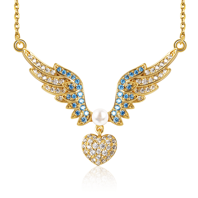 Heart with Angel's Wing Necklace Copper 18K Gold Plated Inlaid with Colorful Gemstones_1