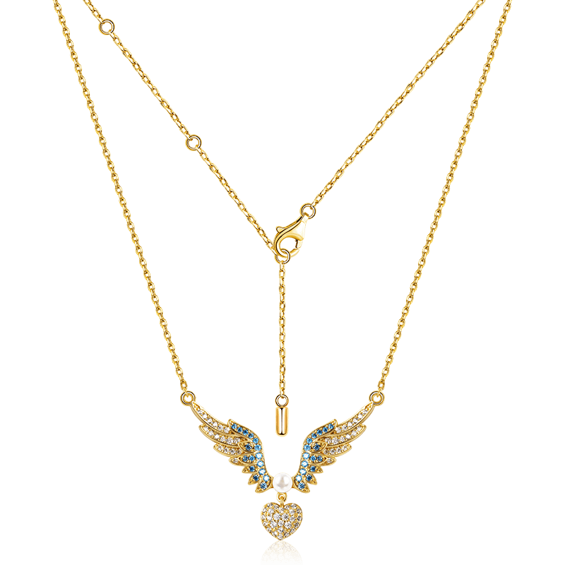 Heart with Angel's Wing Necklace Copper 18K Gold Plated Inlaid with Colorful Gemstones_2