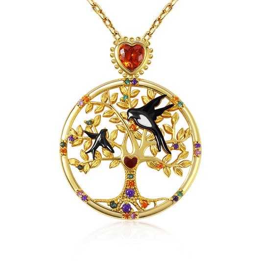Tree of Life Necklace with Heart Ruby and Colorful Gemstones Sterling Silver 18K Gold Plated_1