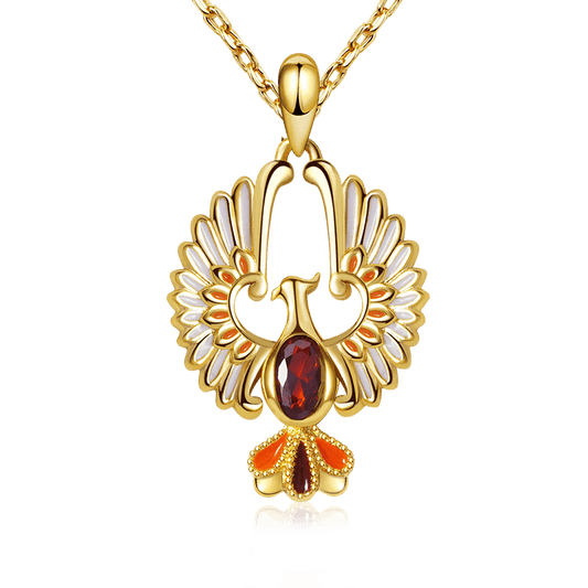 Golden Phoenix Necklace Sterling Silver 18k Gold Plated inlaid with Oval Cut Ruby_1