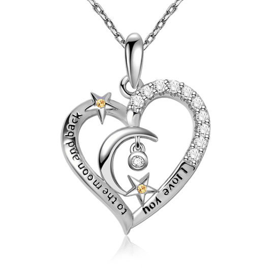 "I love you to the moon and back" Moon and Star Heart Necklace Inlaid with Cz Stones Sterling Silver_1