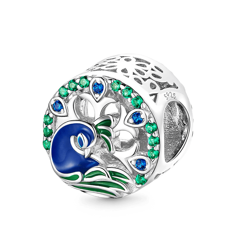 Peafowl Charm Bead 925 Sterling Silver with Green & Blue Enamels and CZ Stones_1