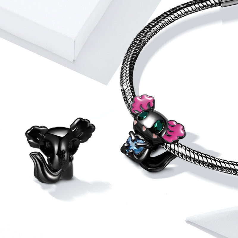 Mexican Axolotl Embraces Heart Gemstone Charm Bead Sterling Silver Black Plated_3