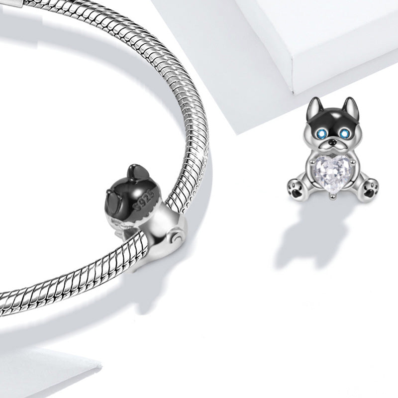 Husky Puppy Embraces Heart Gemstone Charm Bead 925 Sterling Silver_2
