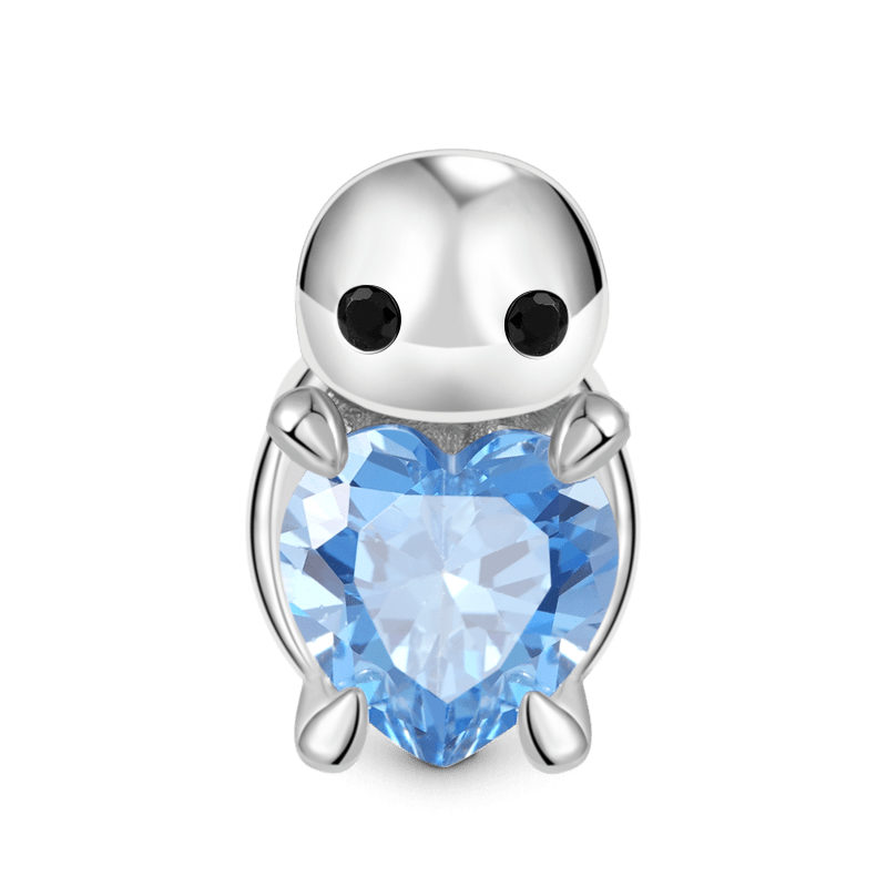 Cute Turtle Embraces Heart Gemstone Charm Bead 925 Sterling Silver Back Inlaid with Blue Gems_1