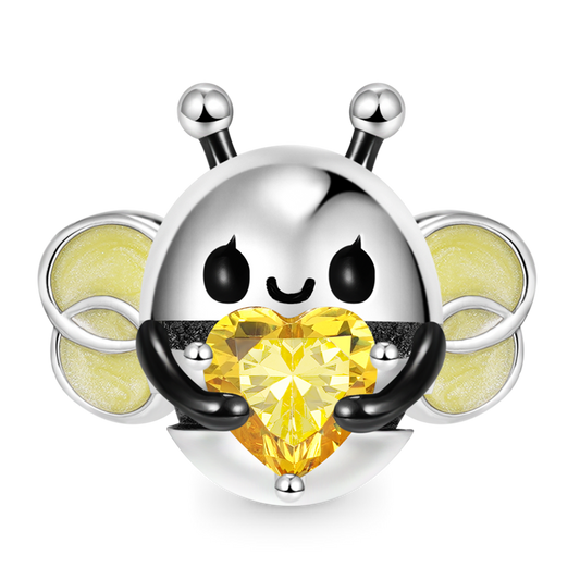 Bee Embraces Heart Gemstone Charm Bead 925 Sterling Silver with Yellow Glitter Enamels_1